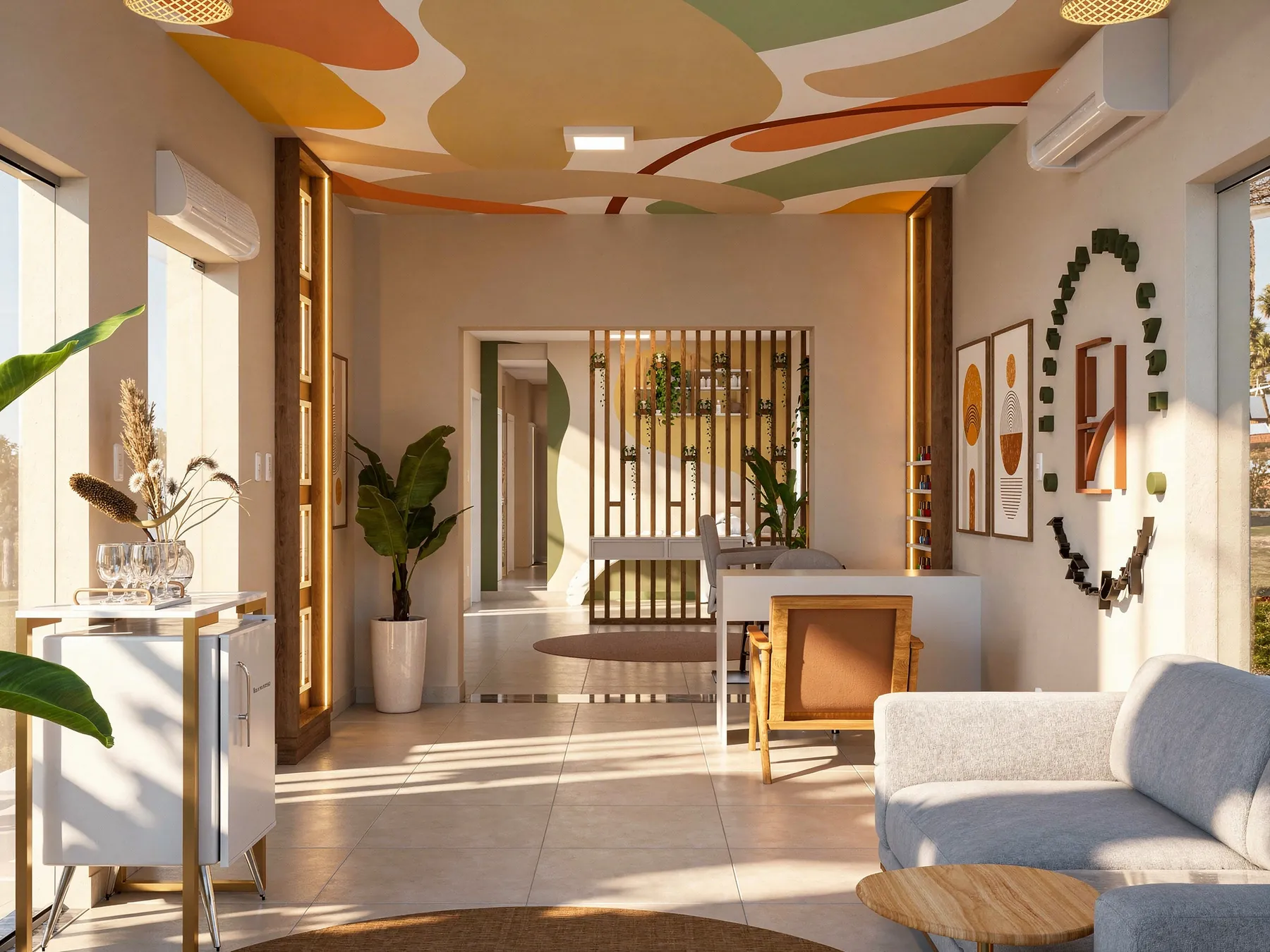 Recepção do Essenzia Hair Care com teto artístico colorido, painel ripado e luz natural
