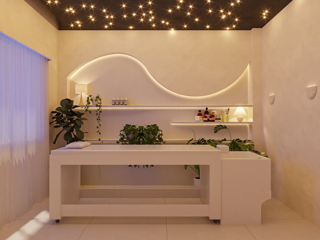 Ambiente de head spa do HolyWonder com parede em forma de onda iluminada e teto com pontos de luz